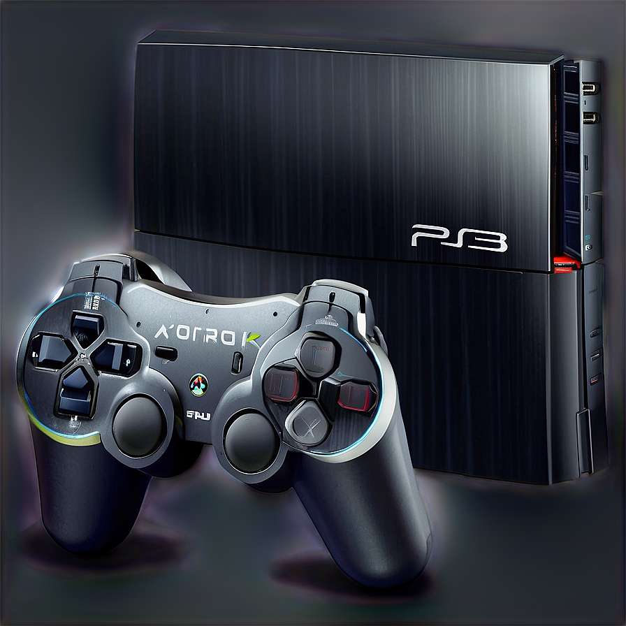 Black PS3 console and controller with glowing neon accents on dark background. — Ps3 PNG