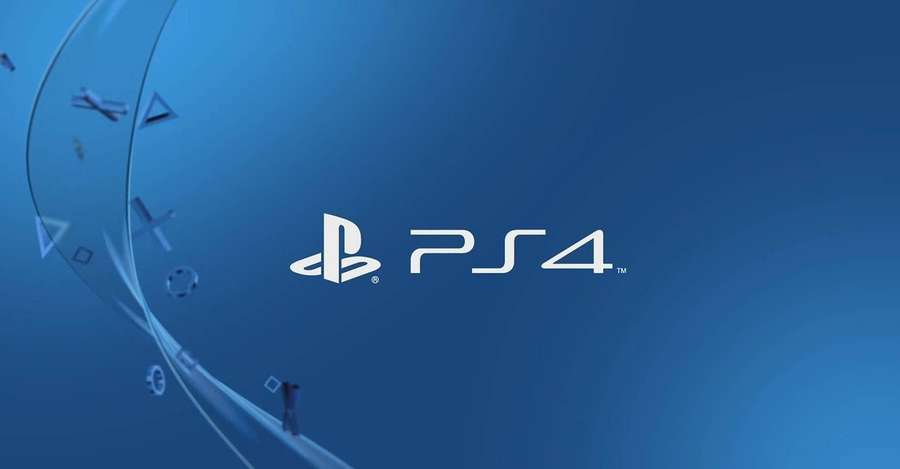 PlayStation 4 logo with floating controller symbols on blue gradient. — Ps4 Logo Background
