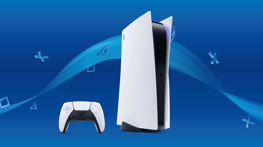 PlayStation 5 console and controller on blue abstract background — Ps5 Background