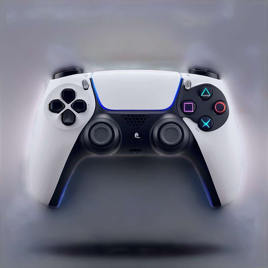White PlayStation 5 controller with glowing blue lights and colorful buttons against a gray background. — Ps5 Controller Picture