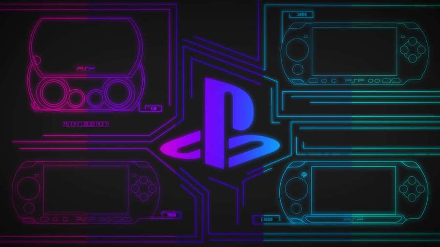 Glowing PlayStation logo with wireframe PSP consoles in neon blue and purple. — Psp Background
