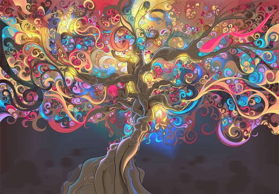 Un arbre stylisé aux motifs colorés tourbillonnants sur fond sombre. — Psychedelic Fonds d'écran