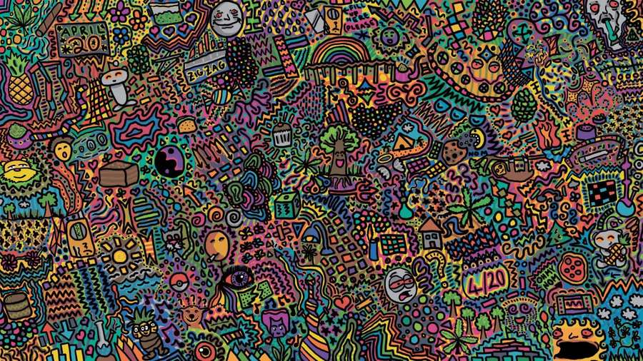 Vibrant psychedelic doodle pattern with cartoon faces and symbols. — Psychedelic Background