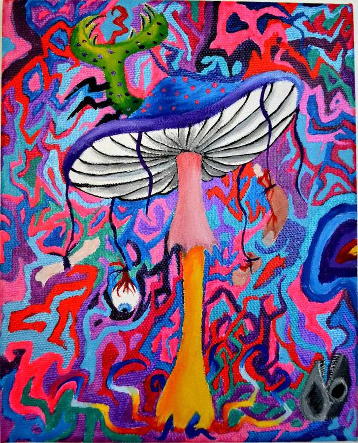 A surreal mushroom with a deer head in a psychedelic colorful abstract painting. — Psychedelic Mushroom Background