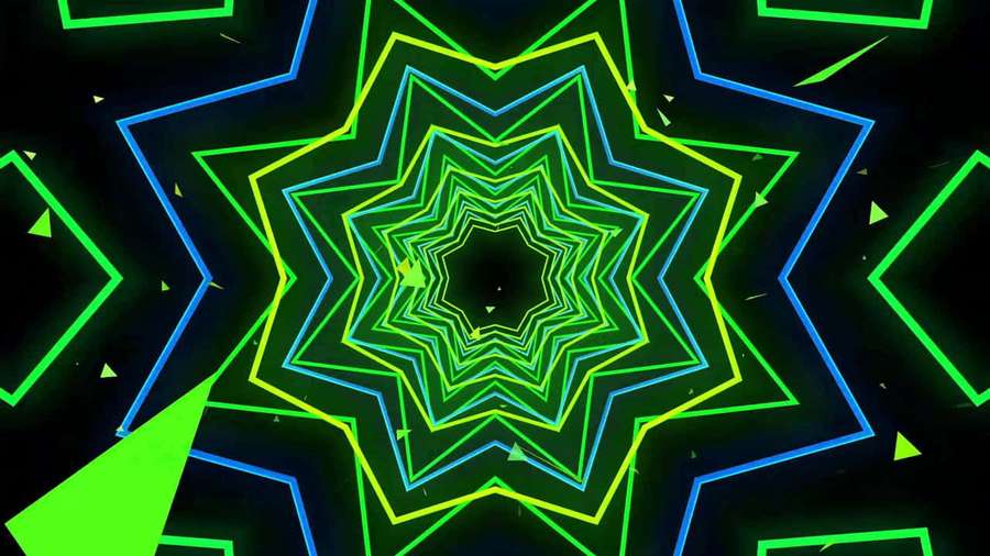 Neon green and blue geometric starbursts form a glowing digital tunnel against a black background. — Psychedelic Neon Lights Wallpaper