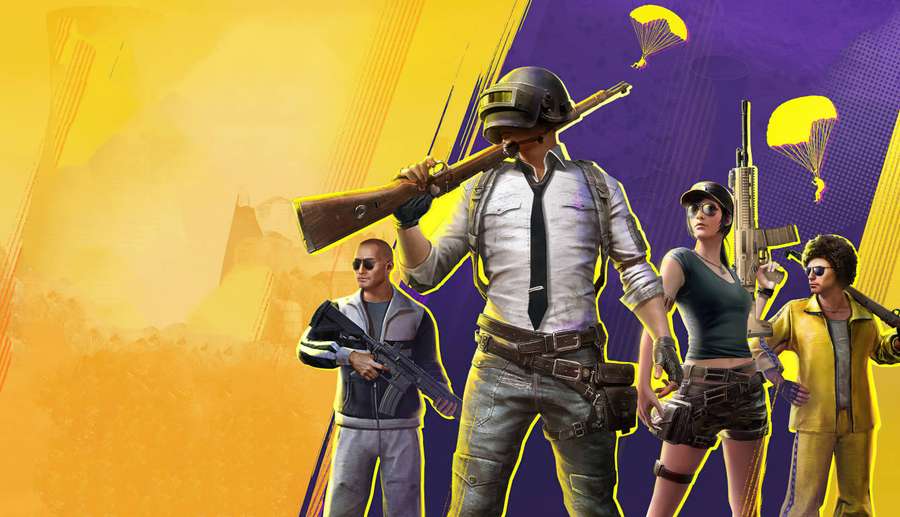 Vier Gamer in Kampfausrüstung mit Waffen vor einem farbenfrohen Farbverlaufshintergrund mit Fallschirmen. — Pubg 1366x768 Wallpaper