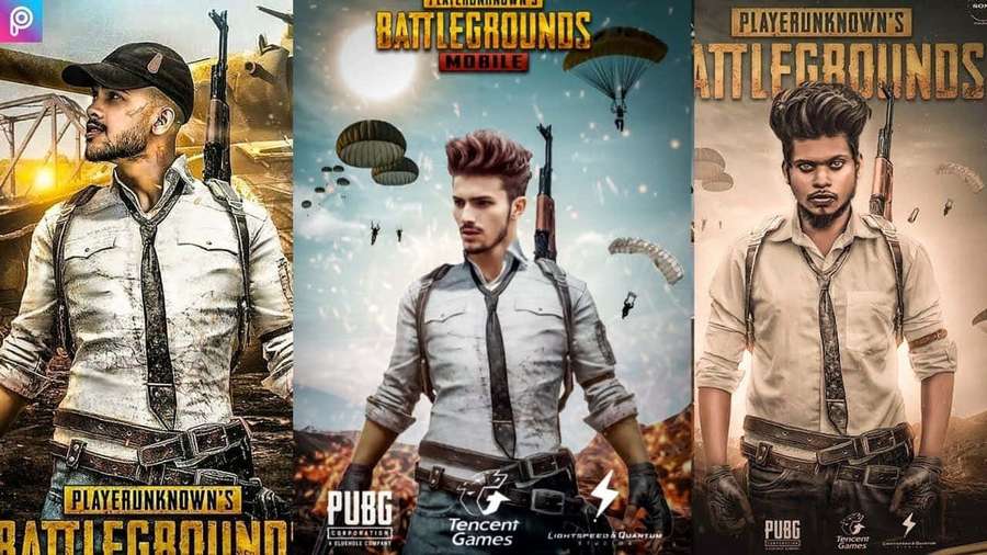 Three PUBG soldiers in combat gear with parachutes and game logos. — Pubg Banner Background