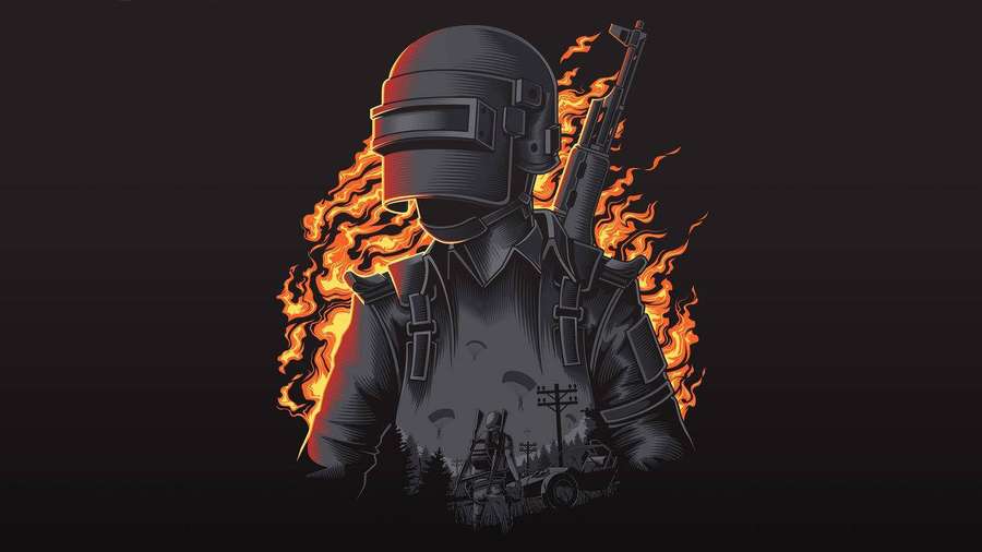A soldier in combat gear surrounded by flames against a dark background. — Pubg Black Wallpaper