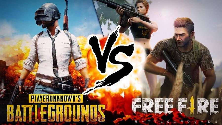 Two gaming characters in combat gear facing off in a fiery battle royale showdown. — Pubg Vs Free Fire Wallpaper