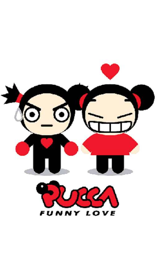 Two cartoon characters with angry faces and a floating heart above them. — Pucca Picture