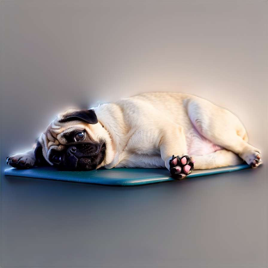 A pug dog resting on a blue mat in a studio setting. — Pug PNG