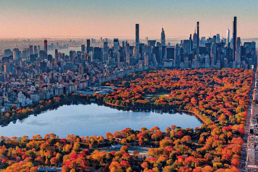 Central Park syksyllä värikkäine puineen ja järvineen, jota ympäröi NYC:n horisontti auringonlaskussa. — Puisto Taustakuvat