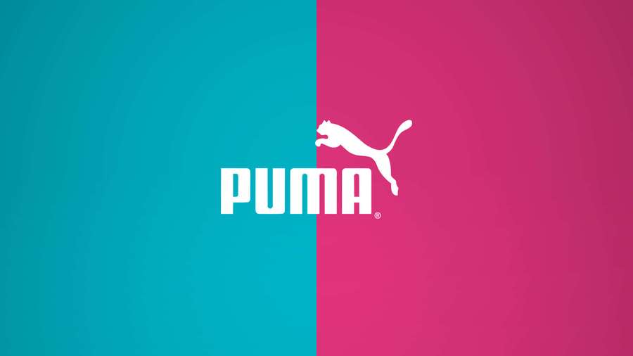 Puma brand logo on teal and magenta split background — Puma Logo Wallpaper