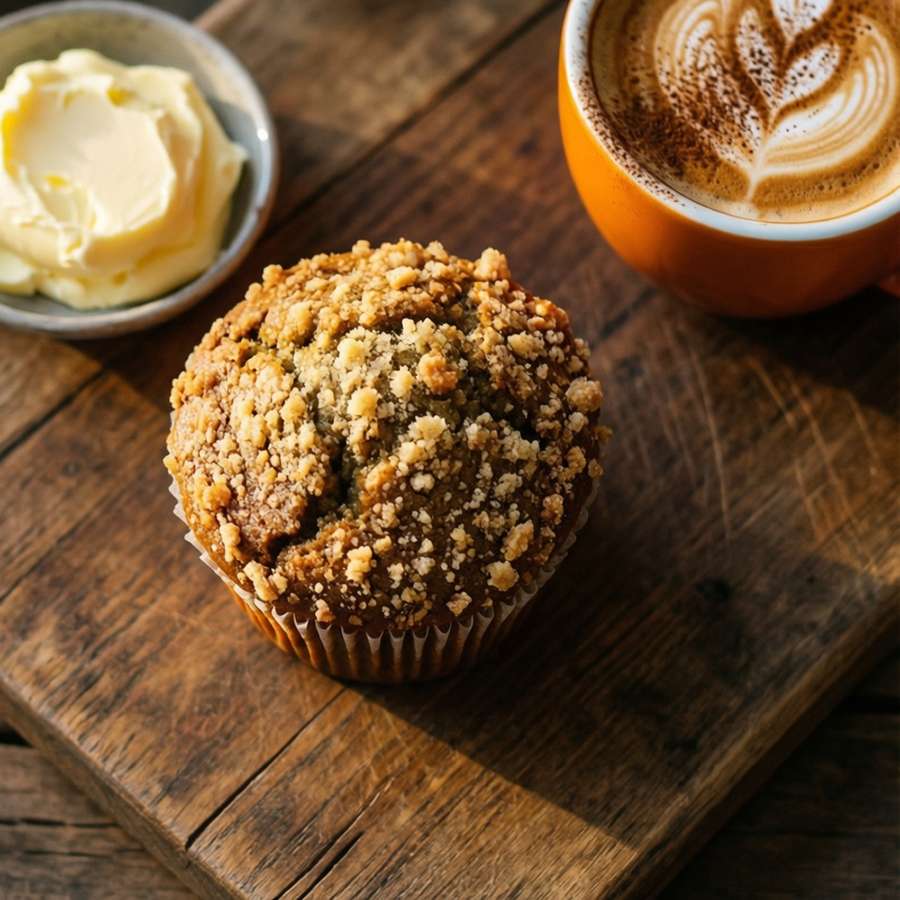 Overhead of pumpkin spice muffin and latte on wooden board — Pumpkin Spice Picture