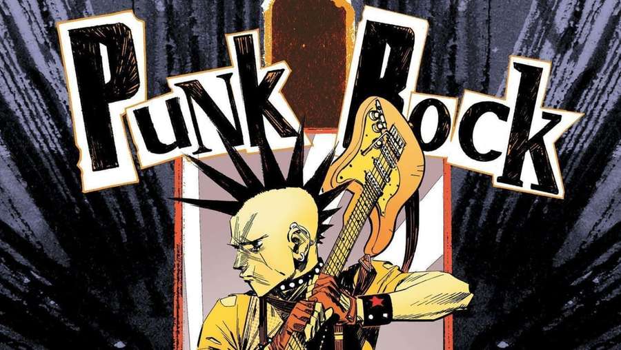 Punkrocker med mohawk spiller elektrisk gitar under 'Punk Rock' skilt. — Punk Rock Bakgrunner