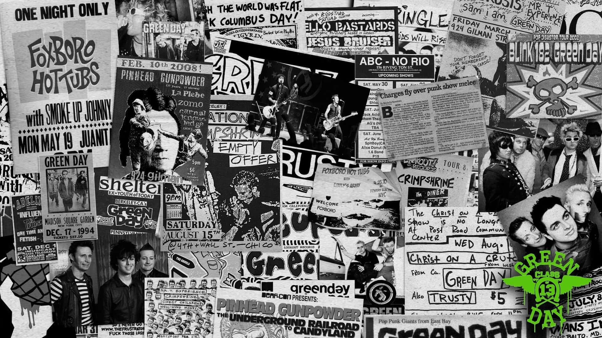Wand bedeckt mit Vintage-Punkrock-Konzertplakaten und Bandfotos. — Punkrock Wallpaper