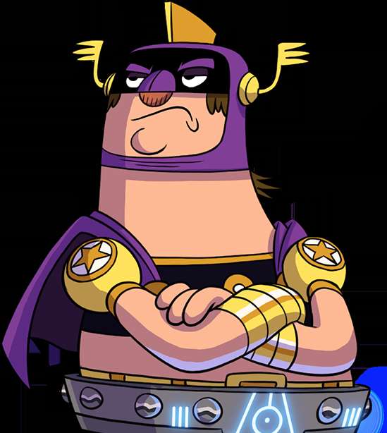 Cartoon superhero with purple mask and gold armor standing arms crossed. — Puppet PNG