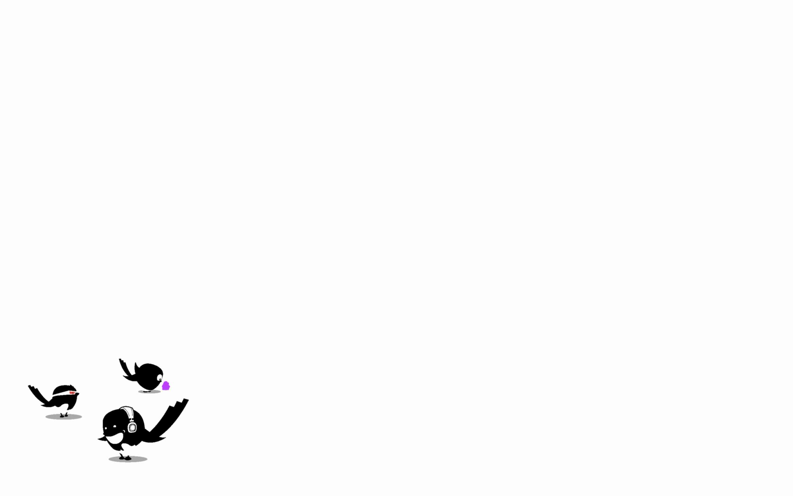 Three cartoon birds wearing headphones with one holding a purple berry. — Pure White Background
