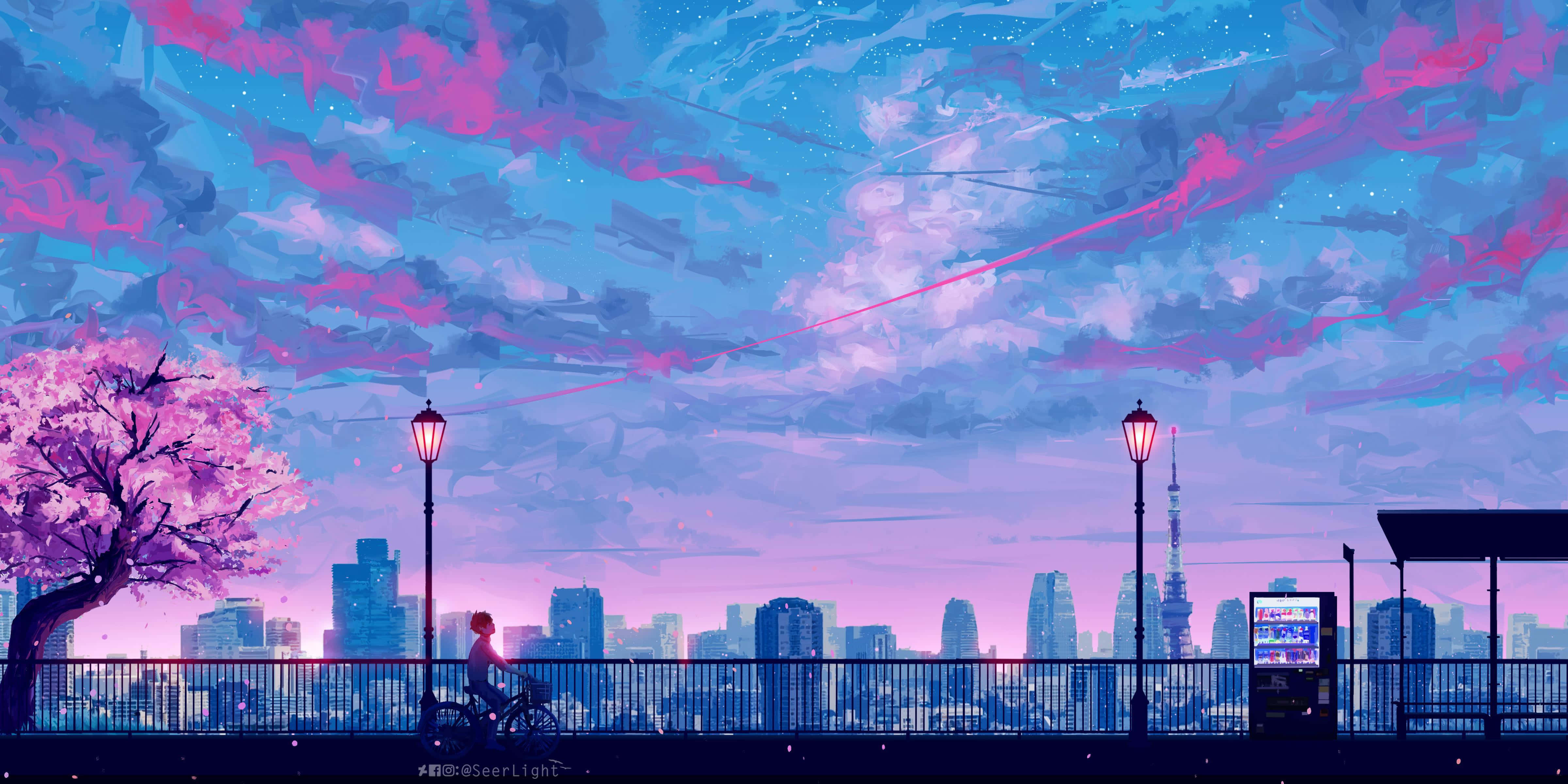 A cyclist passes a cherry blossom tree at twilight overlooking a glowing city skyline. — Purple Aesthetic iPhone Background
