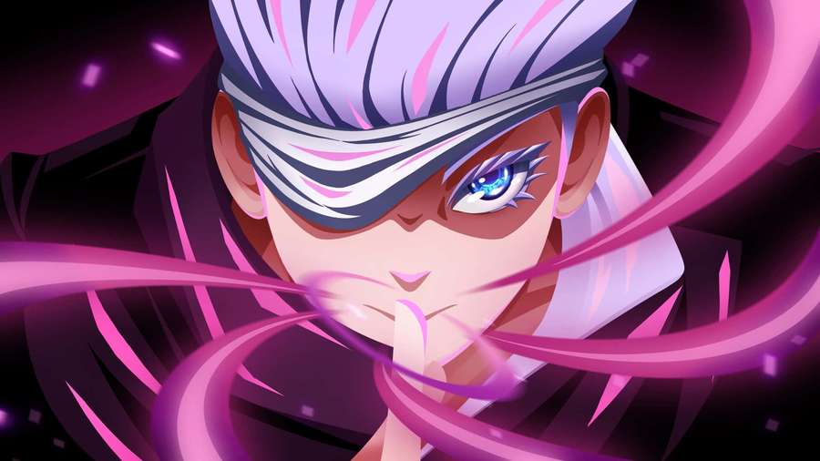 Anime character with purple hair and blindfold surrounded by swirling pink energy. — Purple Anime Background