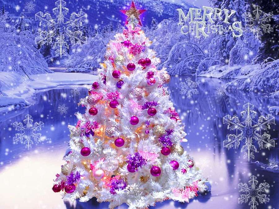 A brightly decorated Christmas tree in a snowy winter landscape with falling snowflakes. — Purple Christmas Background