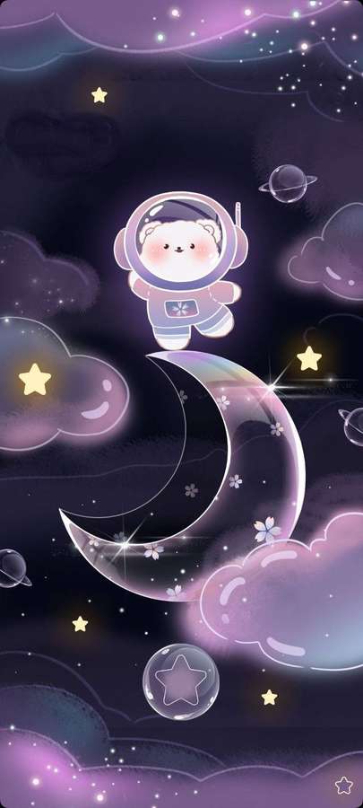 Ein Cartoon-Bär in einem Raumanzug schwebt über einem Halbmond in einem sternenklaren lila Himmel. — Purple Galaxy Bilder