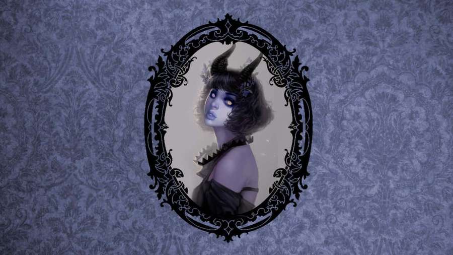 Gothic portrait of a horned woman with glowing eyes in ornate frame on purple wallpaper. — Purple Gothic Wallpaper