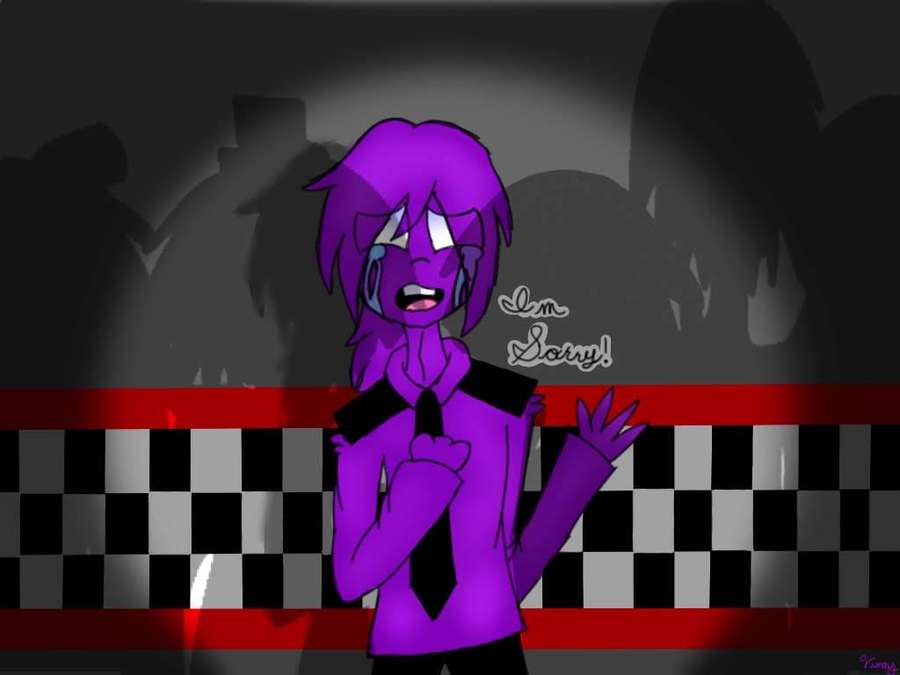 Purple-haired anime character crying and apologizing under spotlight. — Purple Guy Wallpaper