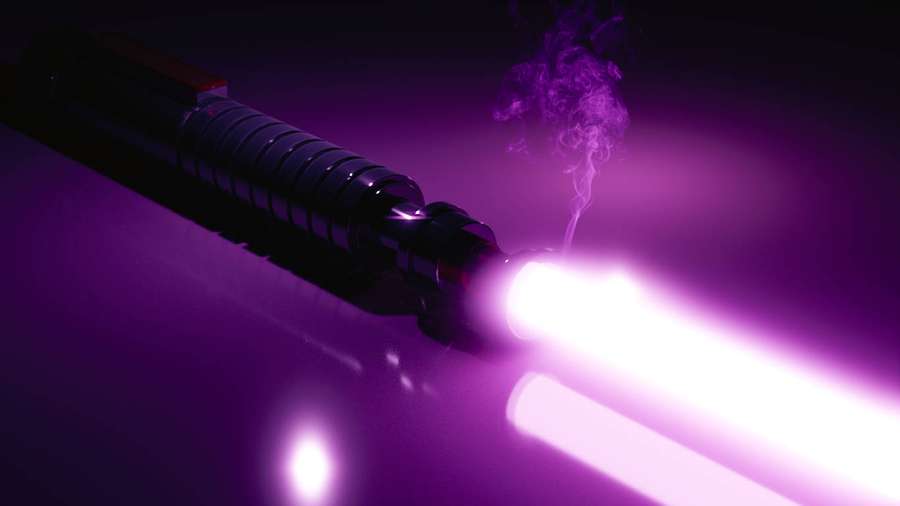 A purple lightsaber blade glowing with energy and smoke rising from its hilt. — Purple Lightsaber Wallpaper