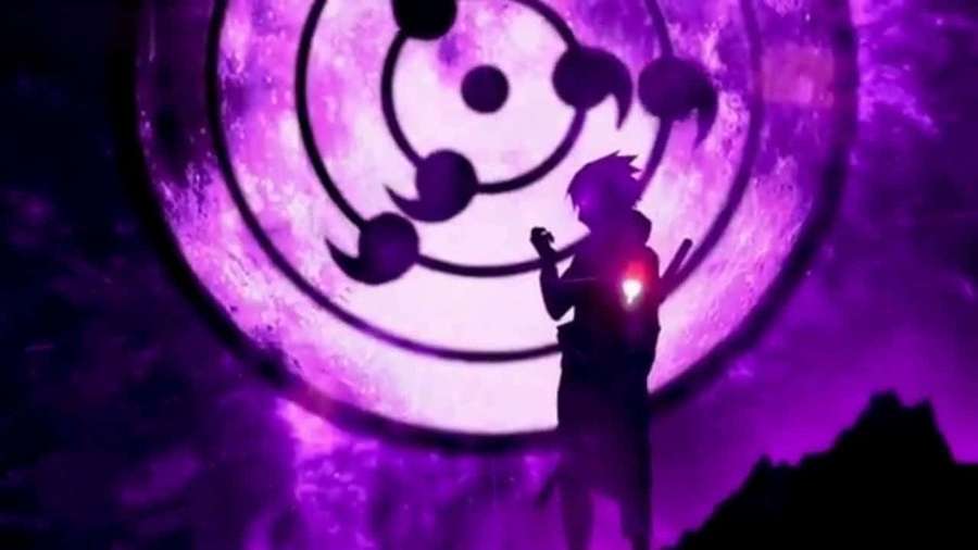 Anime ninja silhouette glowing with red chakra before a purple Rinnegan eye. — Purple Sasuke Wallpaper