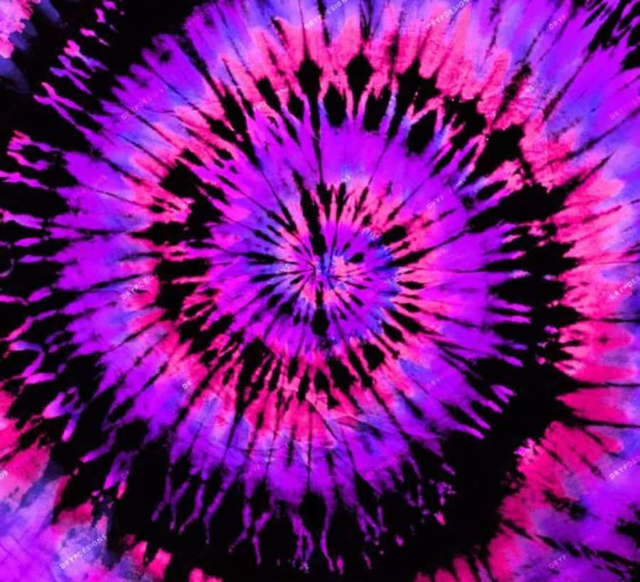 Bold purple and pink tie-dye pattern radiating from center on black background — Purple Tie Dye Wallpaper