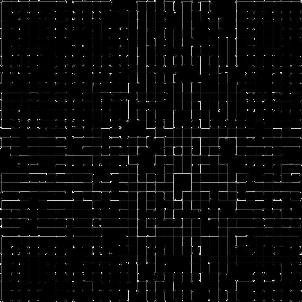 White geometric circuit-like patterns on a black background. — Qr Code PNG