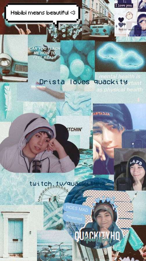 Teal-themed digital collage with photos of a young man, memes, and personal quotes. — Quackity Wallpaper