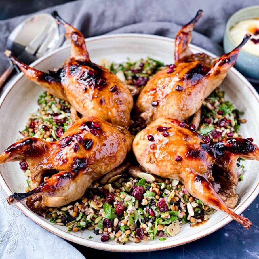 Roasted quail with glaze and pomegranate seeds on a grain salad. — Quail Wallpaper