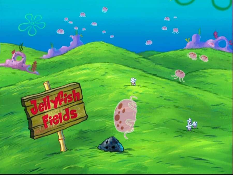 Unterwasserszene mit grünen Hügeln, Quallen und einem Schild mit der Aufschrift Jellyfish Fields. — Qualle Wallpaper