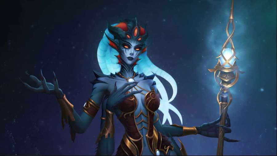 Fantasy sorceress with glowing staff in cosmic space — Queen Azshara Wallpaper