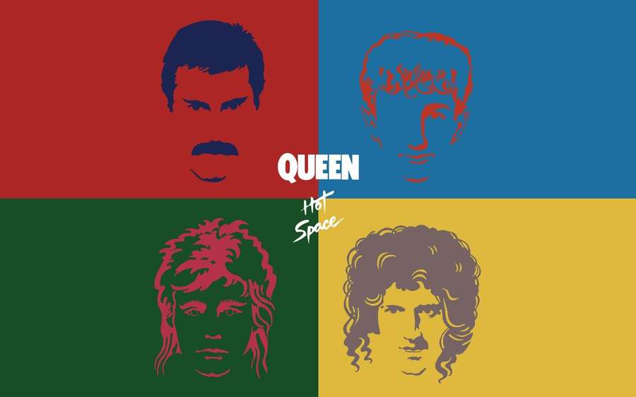 Pop art poster of Queen band members with Hot Space album title on colored backgrounds. — Queen Background