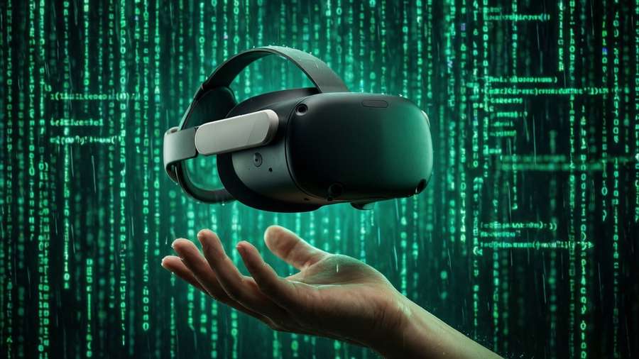 A Matrix-inspired wallpaper with the Meta Quest 2 headset hovering above a hand with digital rain. — Quest 2 Picture
