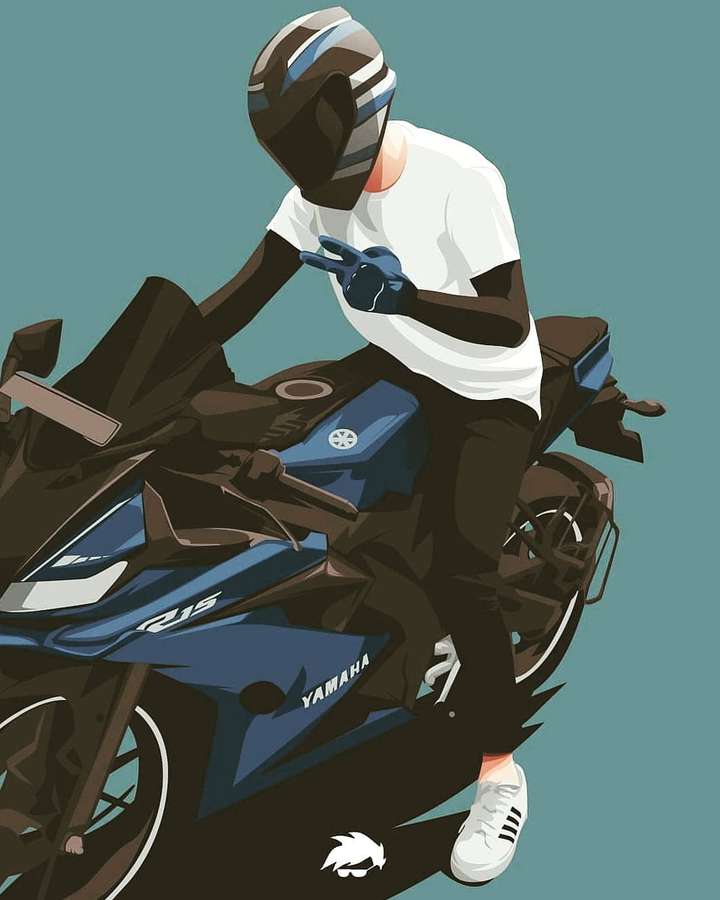 Motorcyclist in helmet and white tee flashes peace sign on blue Yamaha R15. — R15v3 Wallpaper