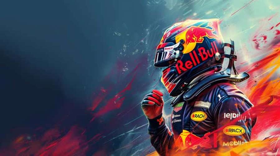 Piloto de Fórmula 1 com equipamento Red Bull celebrando vitória com fundo flamejante. — Raça Papéis de Parede