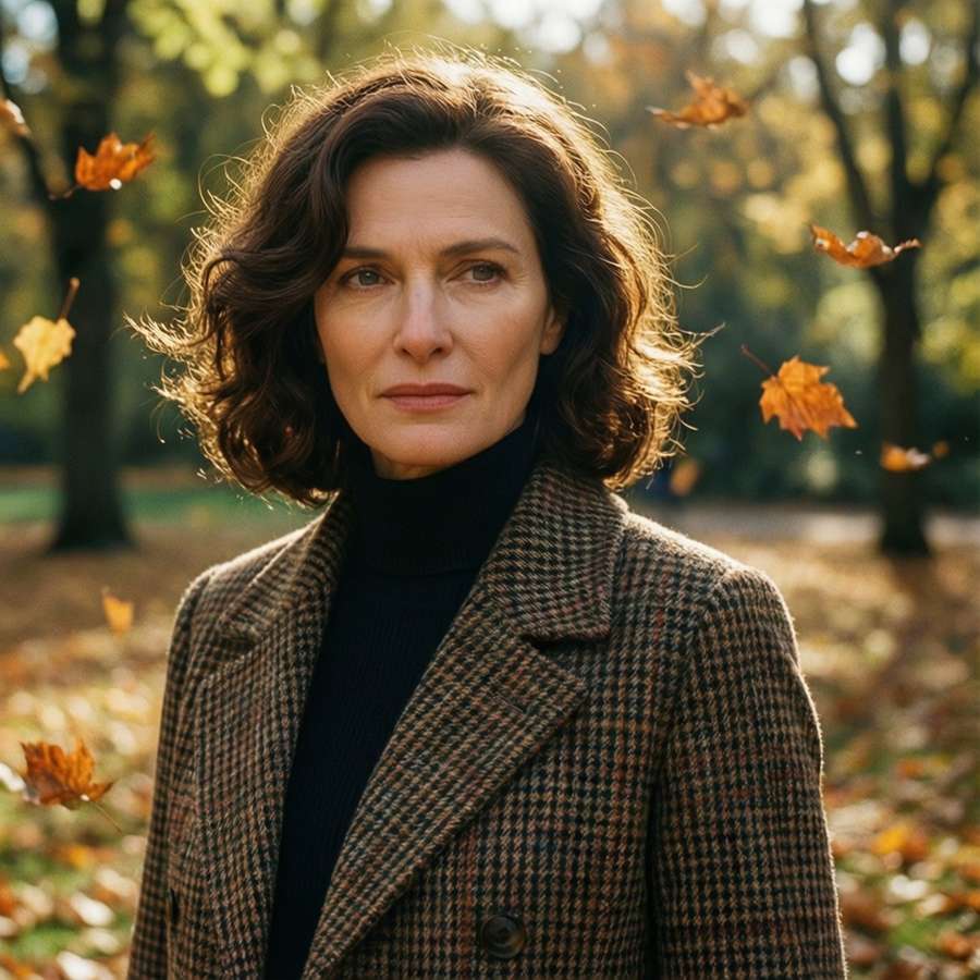 Rachel Weisz in a checkered coat in an autumn park with falling leaves. — Rachel Weisz Background