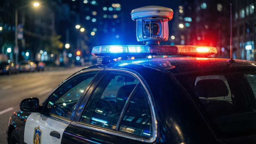 Police car with radar antenna at night, urban setting. — Radar Wallpaper