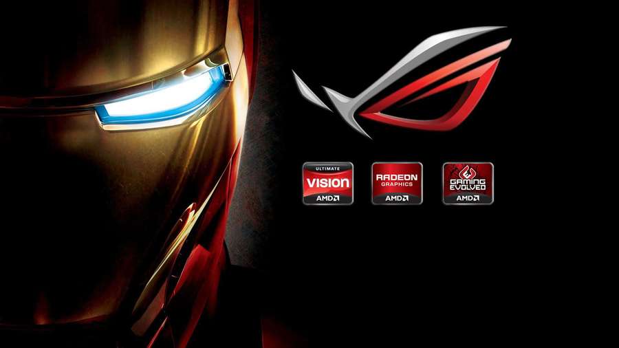 Casco de Iron Man junto a los logotipos de juegos ROG y AMD sobre fondo negro. — Radeon Fondos de pantalla