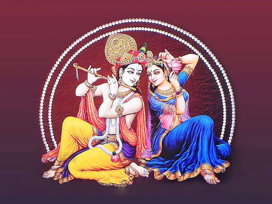 Krishna and Radha depicted in traditional attire with Krishna playing flute and Radha holding a lotus. — Radha Krishna Background