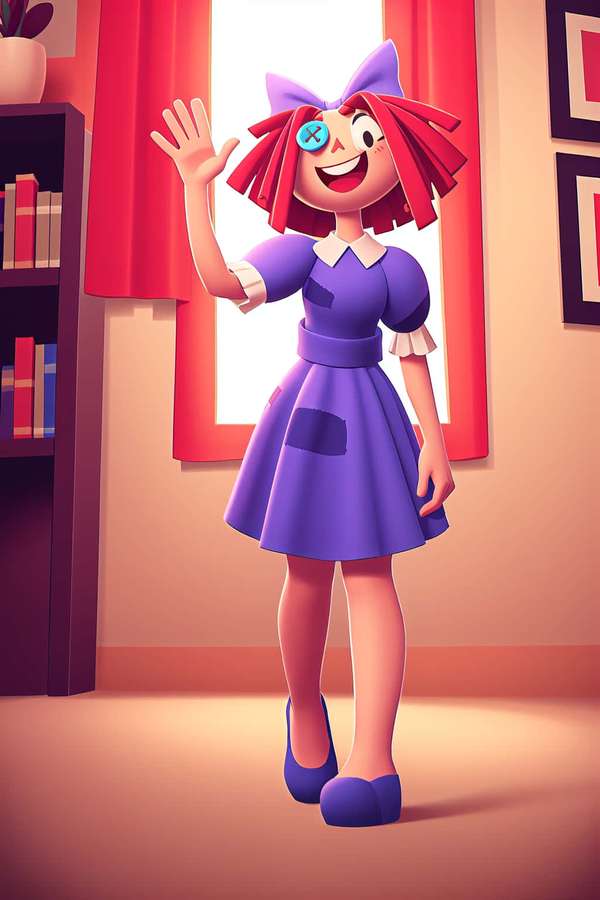 A cartoon girl in a purple dress waves from a room with red curtains. — Ragatha Wallpaper