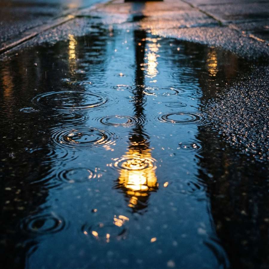 Rain ripples in a puddle reflecting a street lamp at night. — Rain Overlay Picture