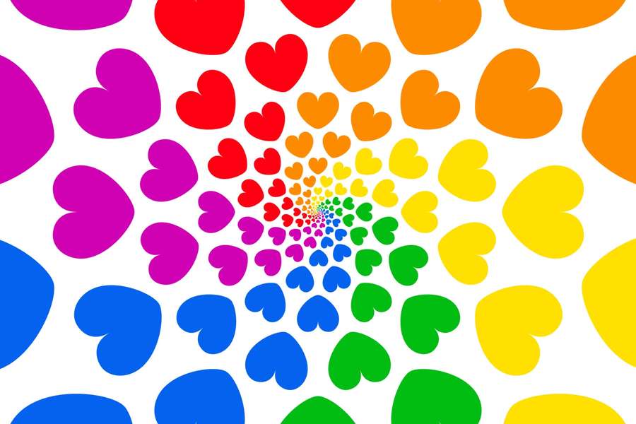 Spiral of colorful hearts in rainbow gradient on white background — Rainbow Heart Background