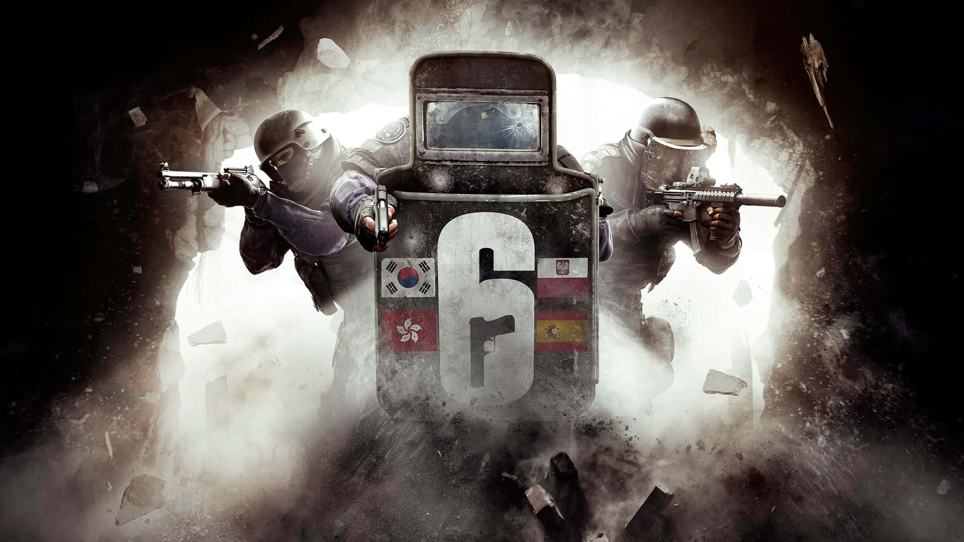 Två soldater i taktisk utrustning bryter en vägg med en sköld märkt med flaggor och nummer sex. — Rainbow Six Siege Bakgrundsbilder