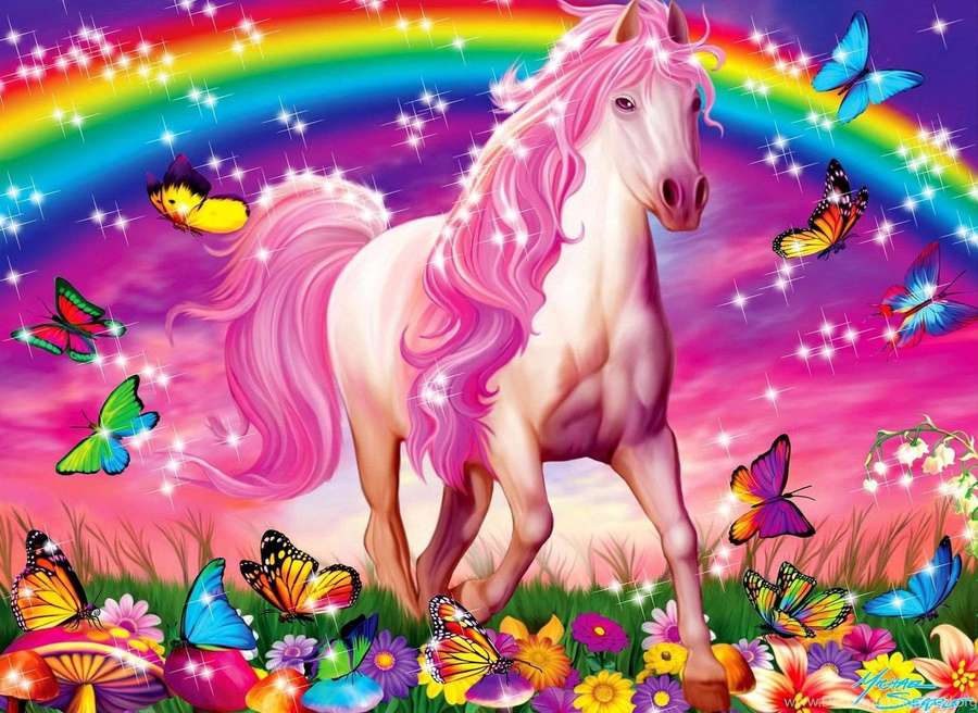 En enhörning med rosa man på en färgglad äng med fjärilar och en regnbåge. — Rainbow Unicorn Bakgrundsbilder