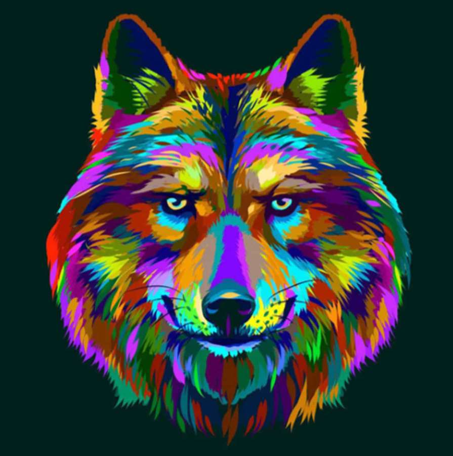A stylized wolf with multicolored fur and glowing eyes on a dark background. — Rainbow Wolf Wallpaper